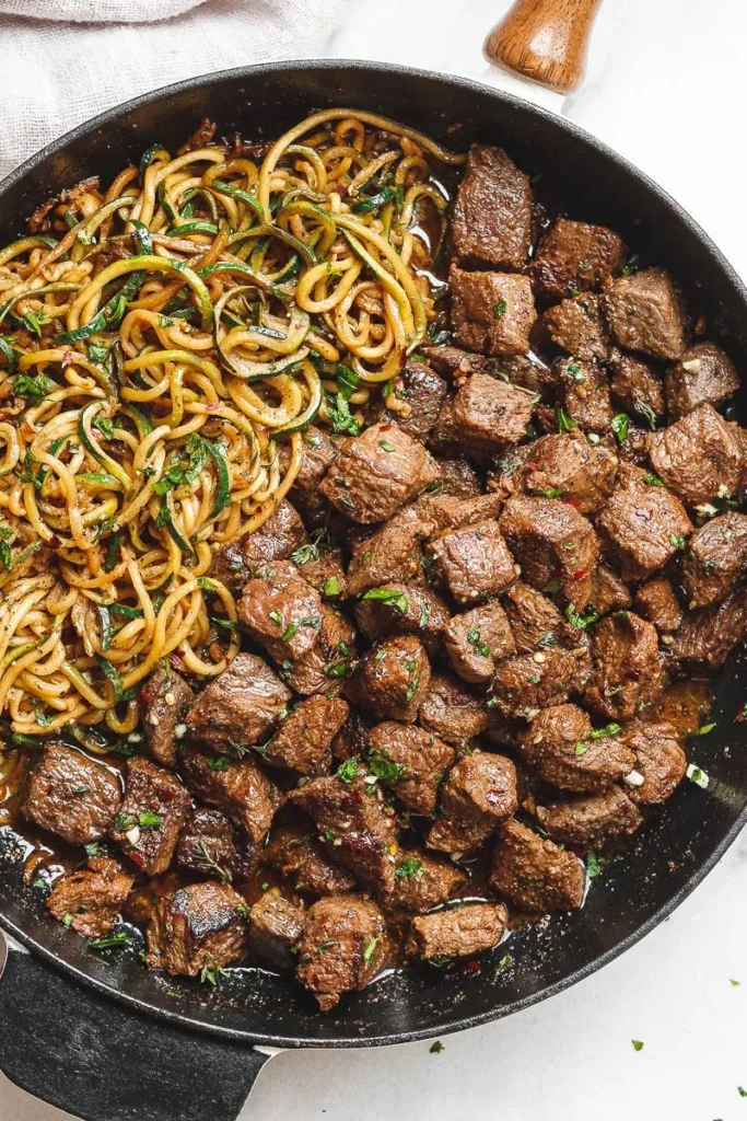 Garlic butter Steak Bites with Zucchini Noodles 