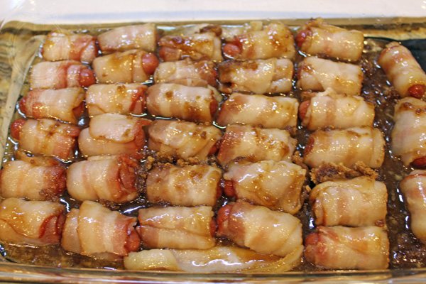 bacon wrapped smokies with brown sugar and butter